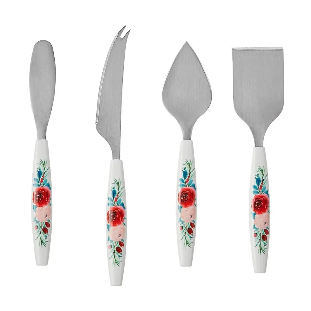 Pioneer Woman Wishful Winter Holiday Cheese Knife 4pc Set White Floral Christmas